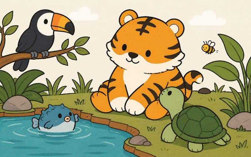A tiger by a pond with a toucan, a turtle and a fish