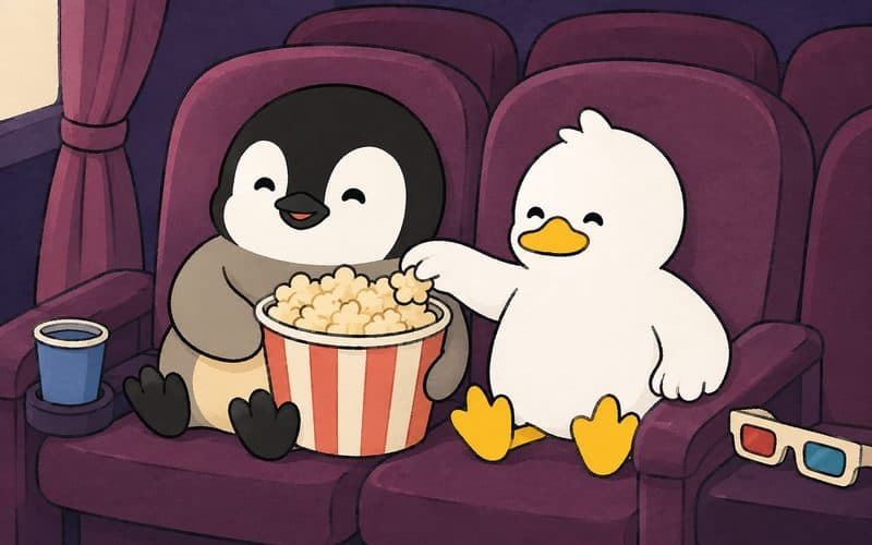 A penguin and a duck sharing popcorn in a cinema