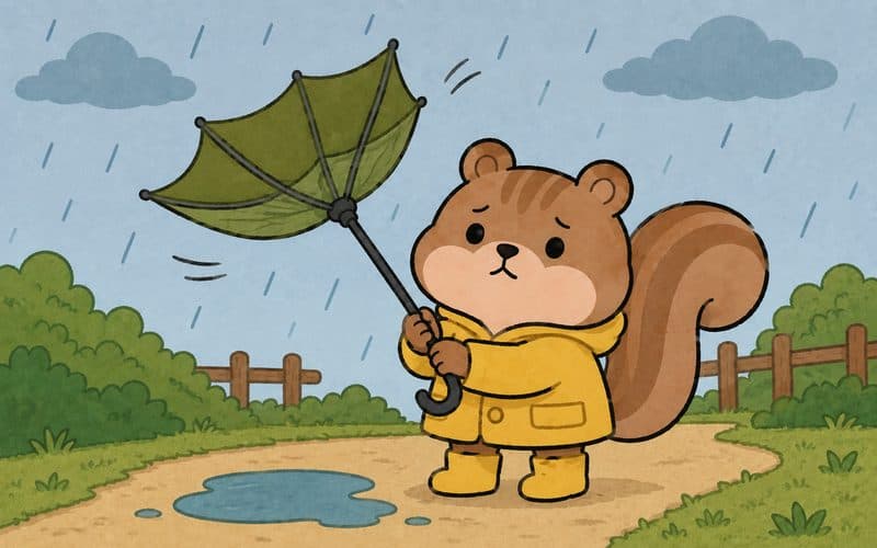 A squirrel in a raincoat with an umbrella blown inside out