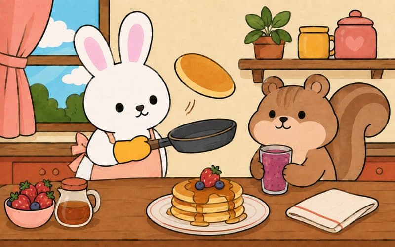 A bunny flipping pancakes while a squirrel waits at the table