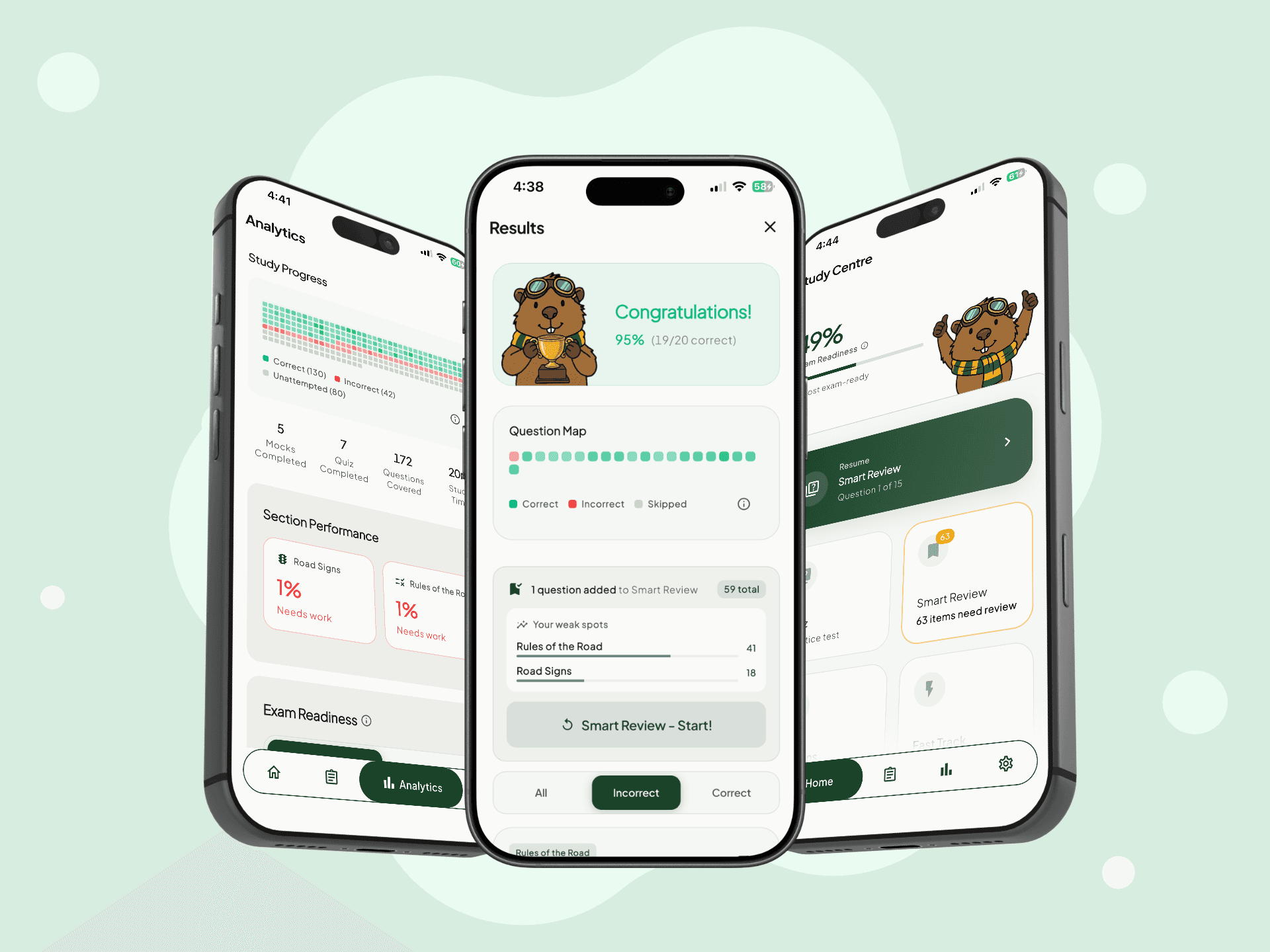 Ontario G1 Driving Test app screenshots showing results, analytics, and smart review screens