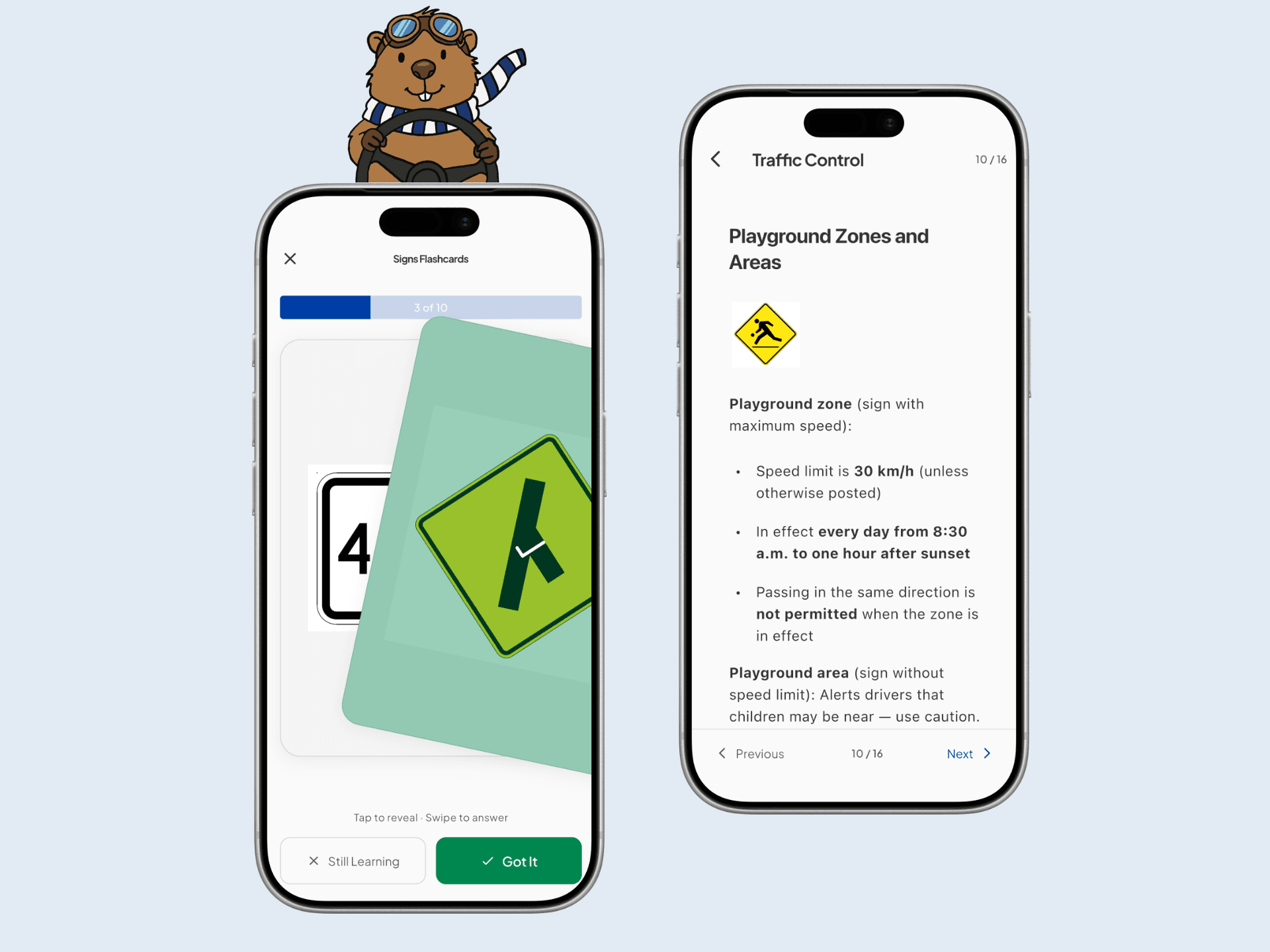 Alberta Driving Test app showing flashcard and study screens