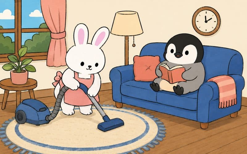 A bunny vacuuming while a penguin reads on the sofa