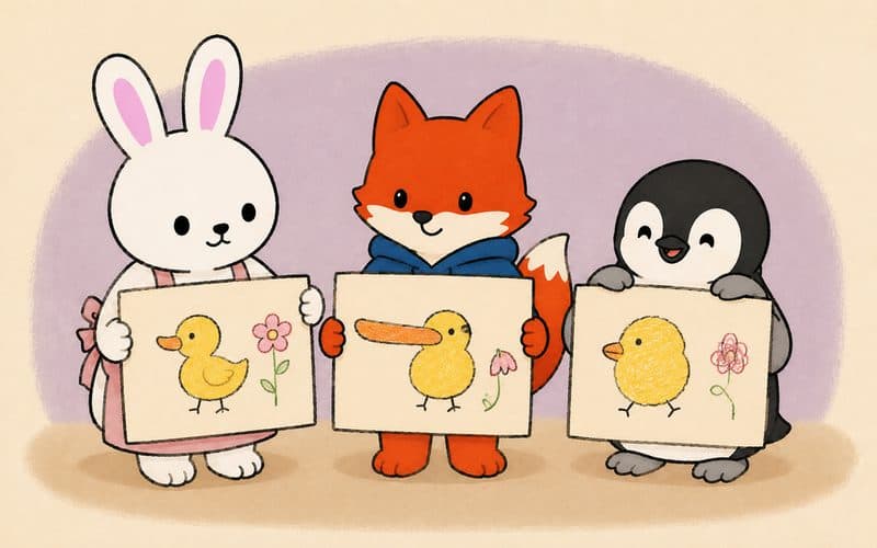 A bunny, a fox and a penguin each holding up their drawing of a duck