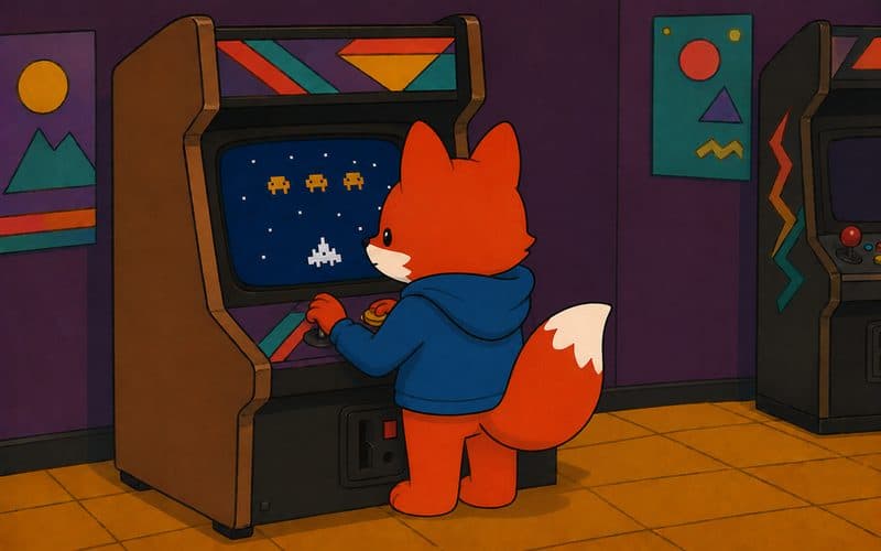 A fox playing a retro arcade cabinet