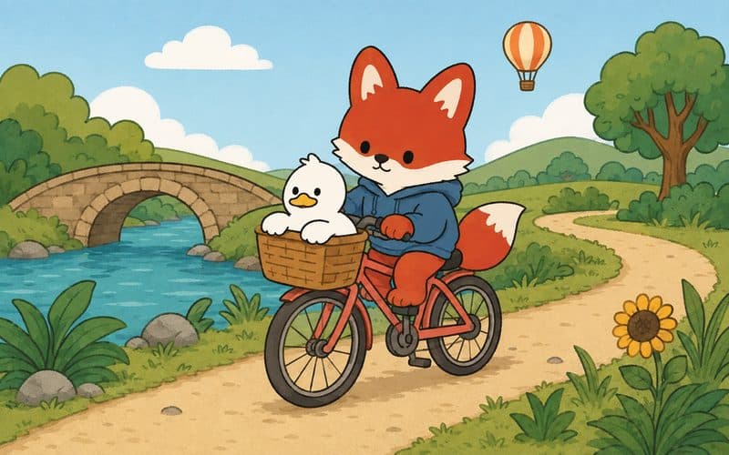 A fox cycling over a country path with a duck in the basket