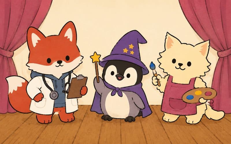 A fox doctor, a penguin wizard and a dog painter on a stage