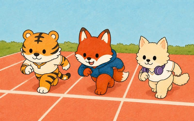 A tiger, a fox and a dog racing down a running track