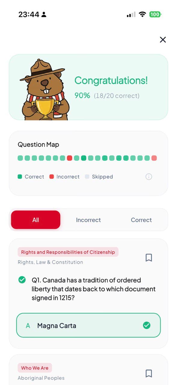 App results screen showing a passed mock exam
