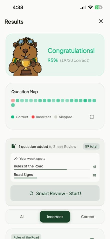Ontario G1 app results screen showing a passed mock exam