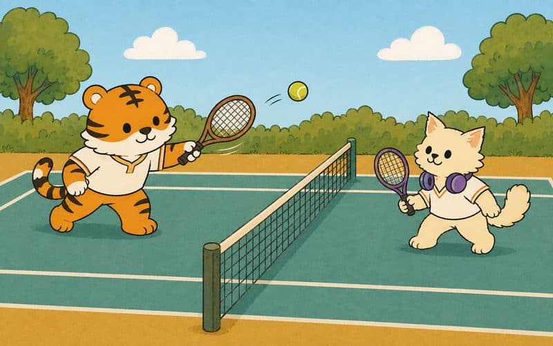 A tiger and a dog playing tennis