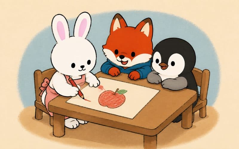 A bunny draws an apple while a fox and a penguin watch and guess