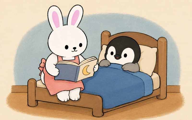A bunny reading a bedtime story to a penguin