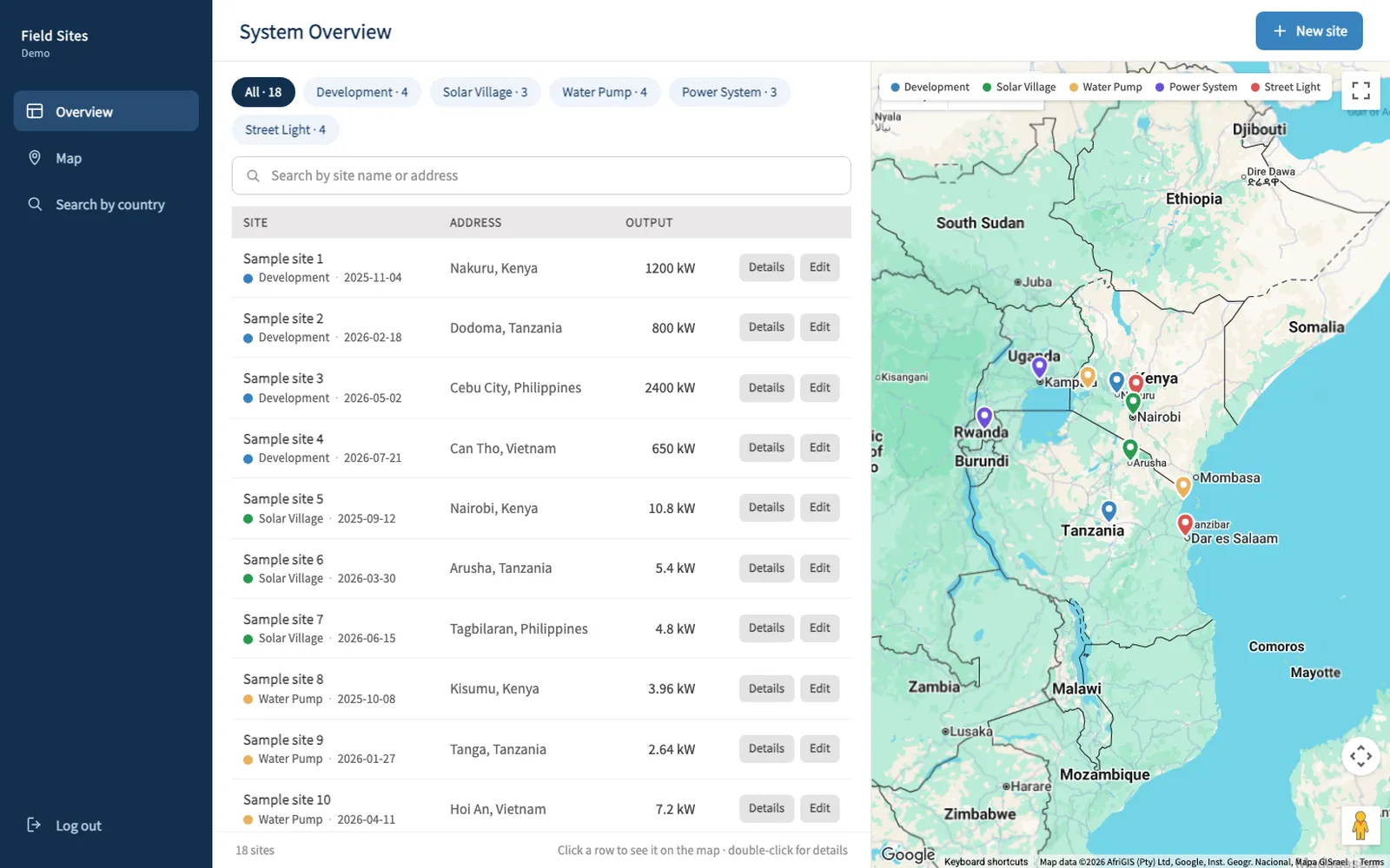 A field-site map app: list of sample sites beside a map