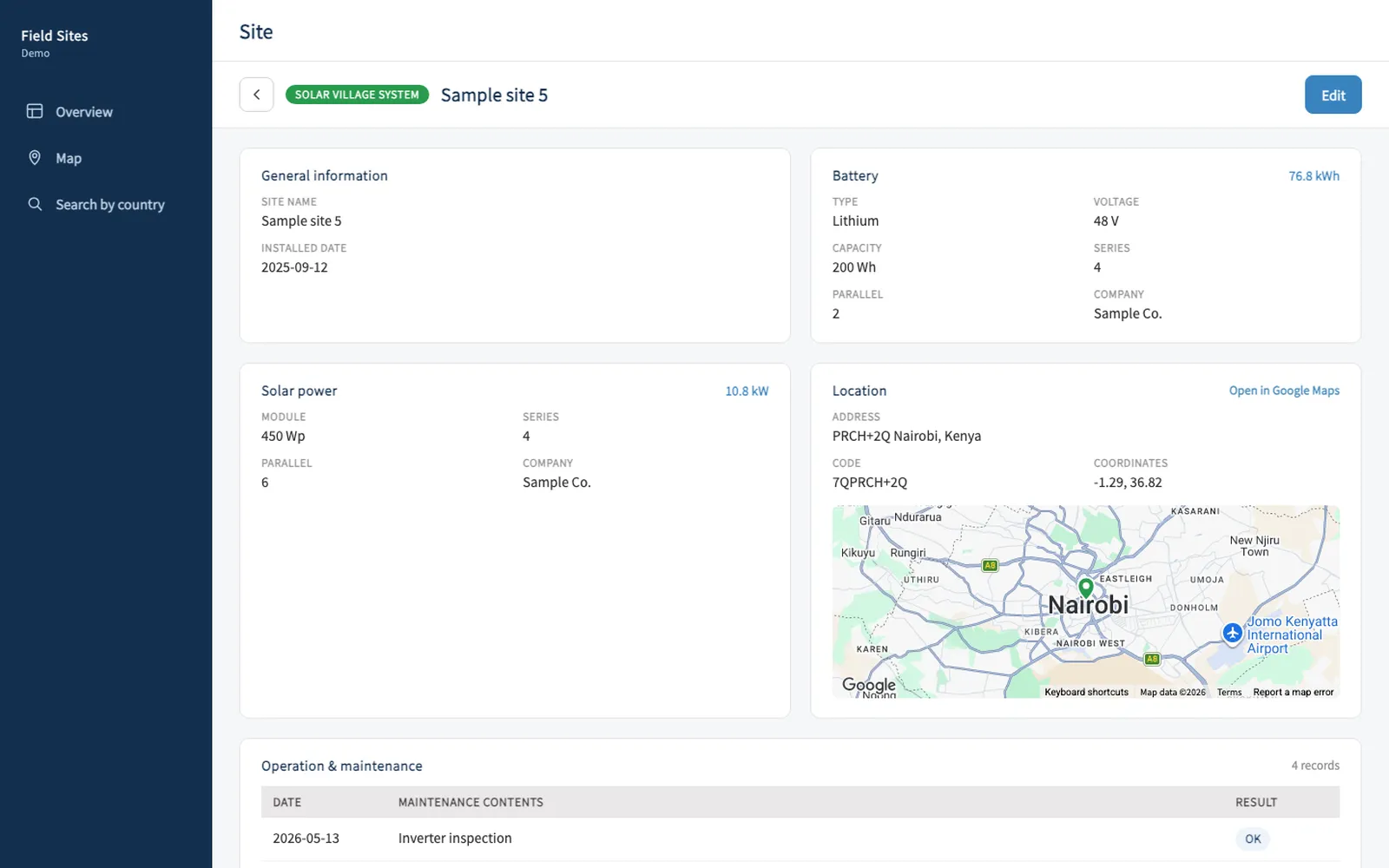 A sample site page with equipment details, location map and maintenance log