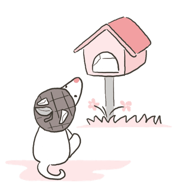 PawFive mascot looking at a dog house